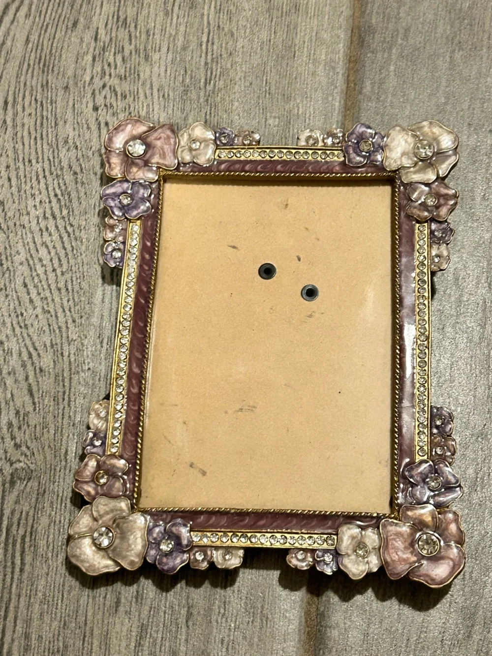 ornate, vintage-style jeweled enamel picture frame featuring a romantic, floral